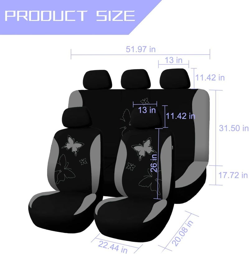 Sandfren Car Seat Covers, 9PCS Butterfly Print High Back Vehicle Front Seat & Rear Bench Protector, Breathable Automotive Interior Chair Accessories, Universal for SUV Sedan Truck (Gray) - Image 2